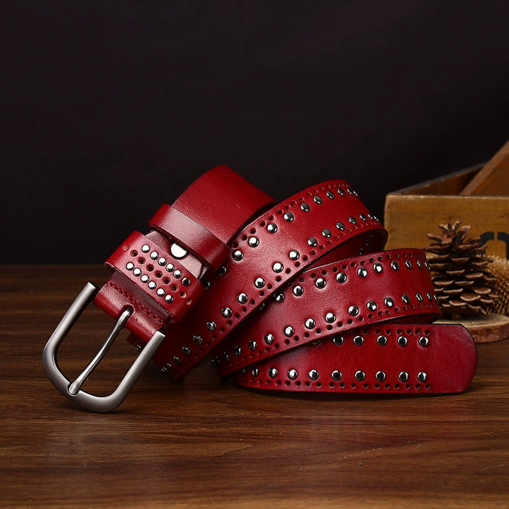 Rookstone – Studded Pin Buckle Leather Belt — Red