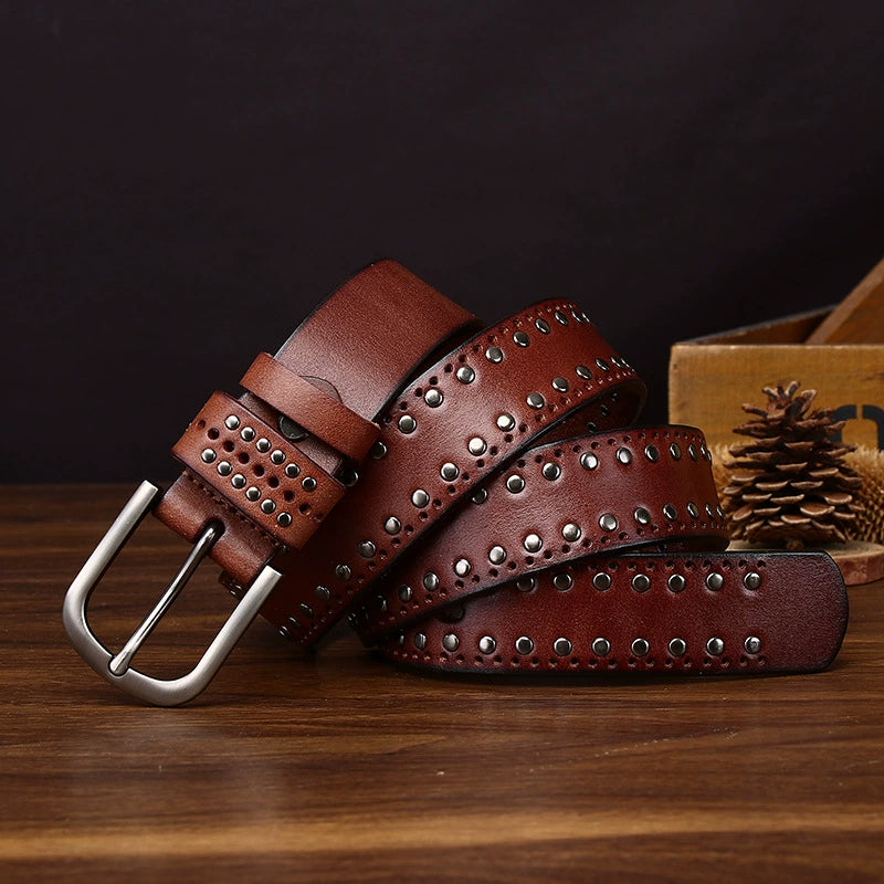 Rookstone – Studded Pin Buckle Leather Belt — Brown