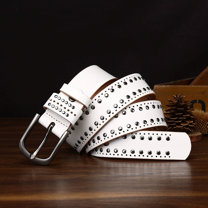 Rookstone – Studded Pin Buckle Leather Belt — White