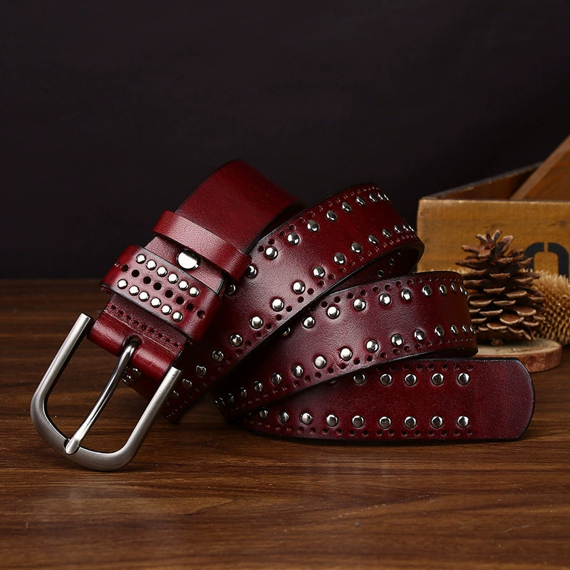 Rookstone – Studded Pin Buckle Leather Belt — Wine Red