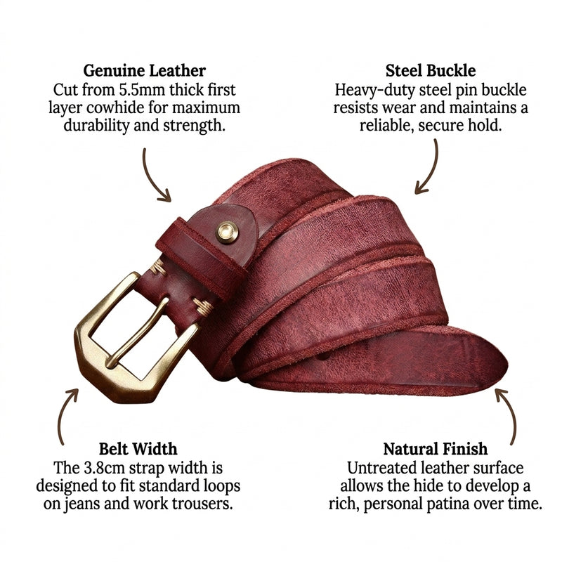 Basalt – Steel Pin Leather Belt infographic
