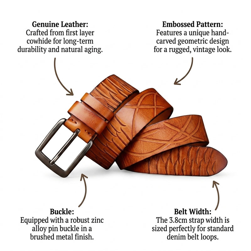 Cragford – Embossed Pin Buckle Leather Belt infographic