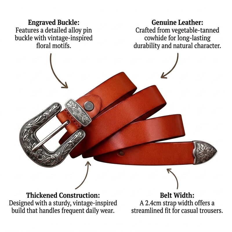 Galloway – Engraved Buckle Leather Belt infographic