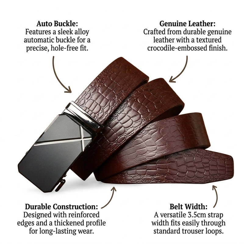 Ironwood – Crocodile-Embossed Auto Buckle Leather Belt infographic