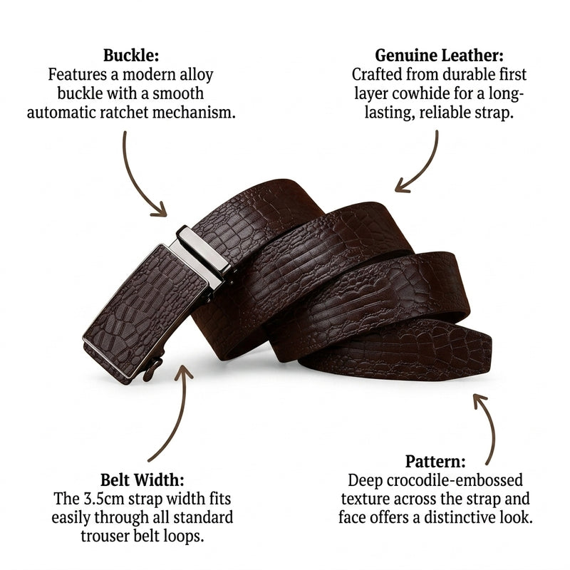 Lowland – Crocodile-Embossed Auto Buckle Leather Belt infographic