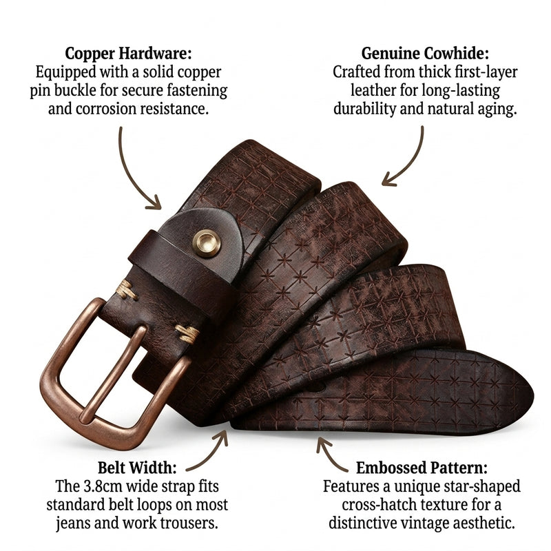 Malvern – Embossed Pin Buckle Leather Belt infographic