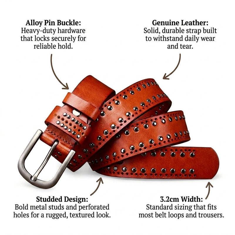 Rookstone – Studded Pin Buckle Leather Belt infographic