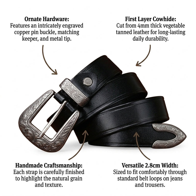 Westward – Engraved Buckle Leather Belt infographic